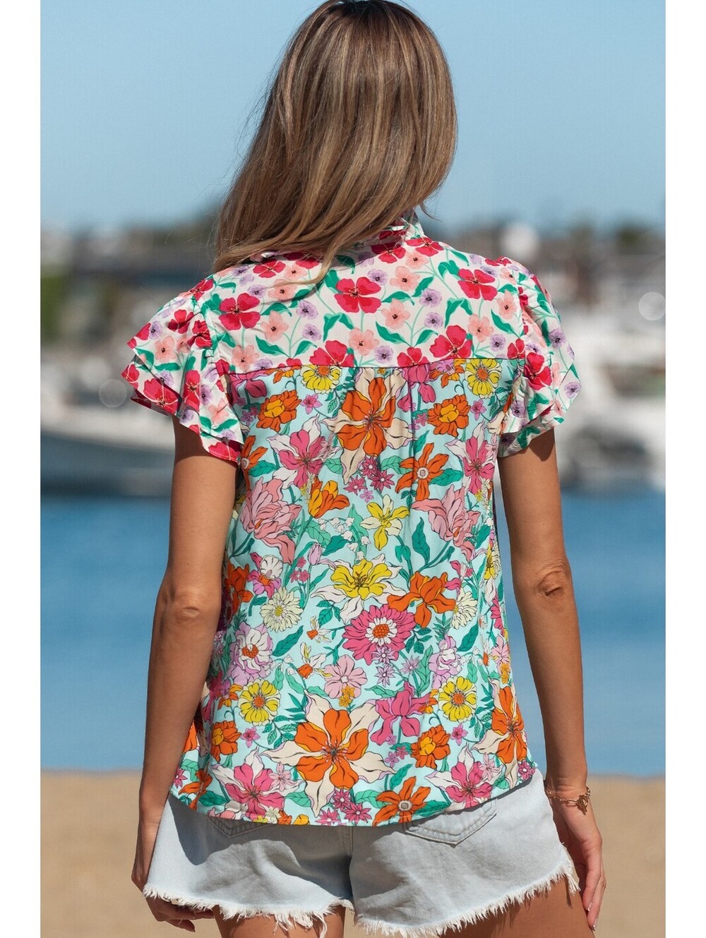 Floral Print Short Sleeve Button-Up Blouse with Ruffle Collar [COPY] - Picture 2 of 5